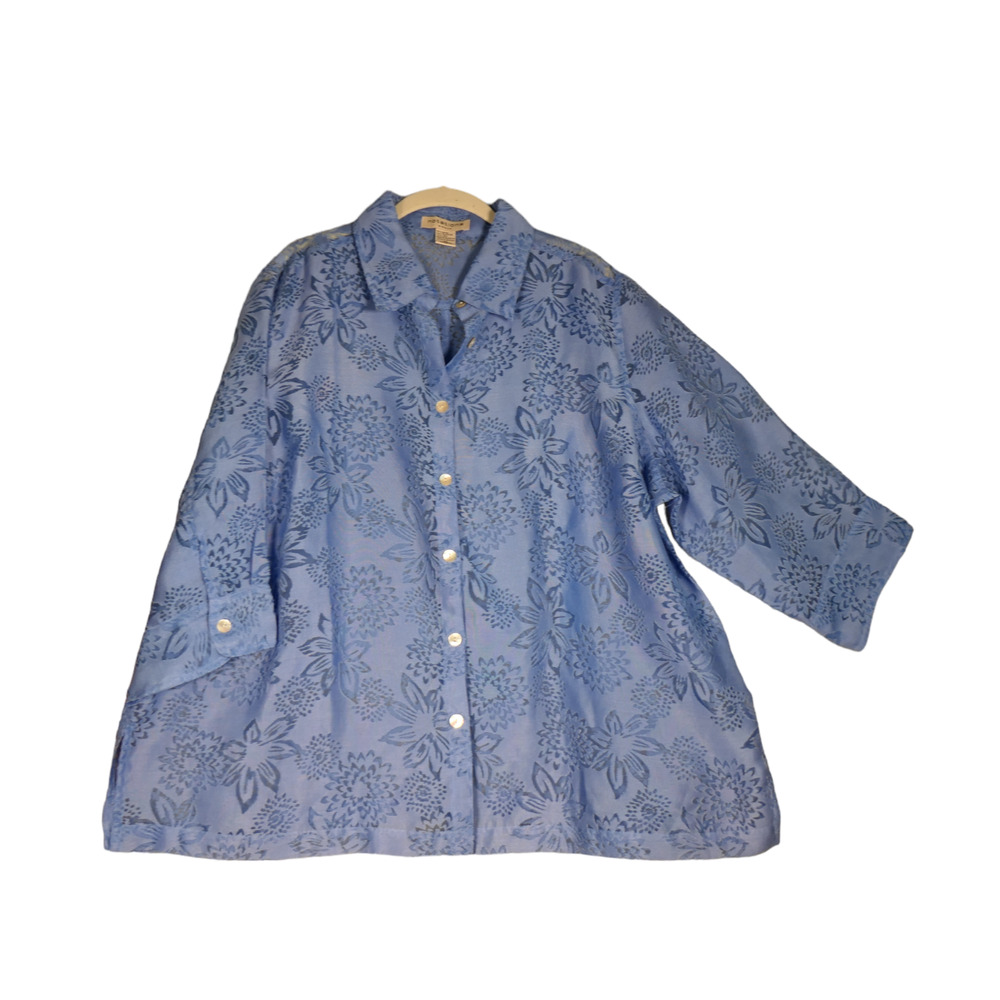 Notations Blouse Womens 2X Blue Semi Sheer Button Front Linen Blend Boho